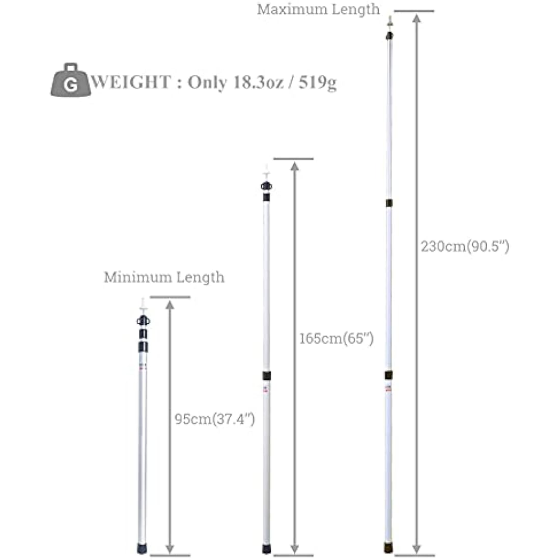 HIKEMAN Tent Poles Camping Poles for Tarp Awning Canopy Porch Sun Sails Tarpaulin Headroom Aluminium Adjustable Telescoping 90-230cm
