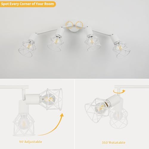 FORCOSO Ceiling Lights Spotlight, 4 Way Spot Lights 350°Adjustable, E14 Base White Light Shade Metal Wire Cage Light Fittings, Industrial Wall Ceiling Lamp for Kitchen Living Room Hallway Bedroom