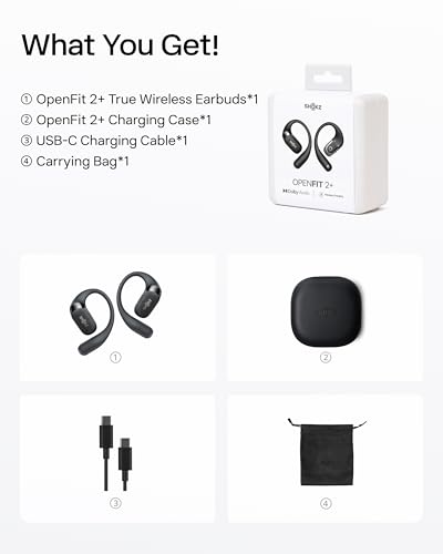 SHOKZ OpenFit 2 Open-Ear Headphones, True Wireless Bluetooth Earphones with Microphone, Earhook Earbuds with 48 Hours of Playtime, USB-C Fast Charging, IP55 Water-Resistant, with Carrying bag, Black