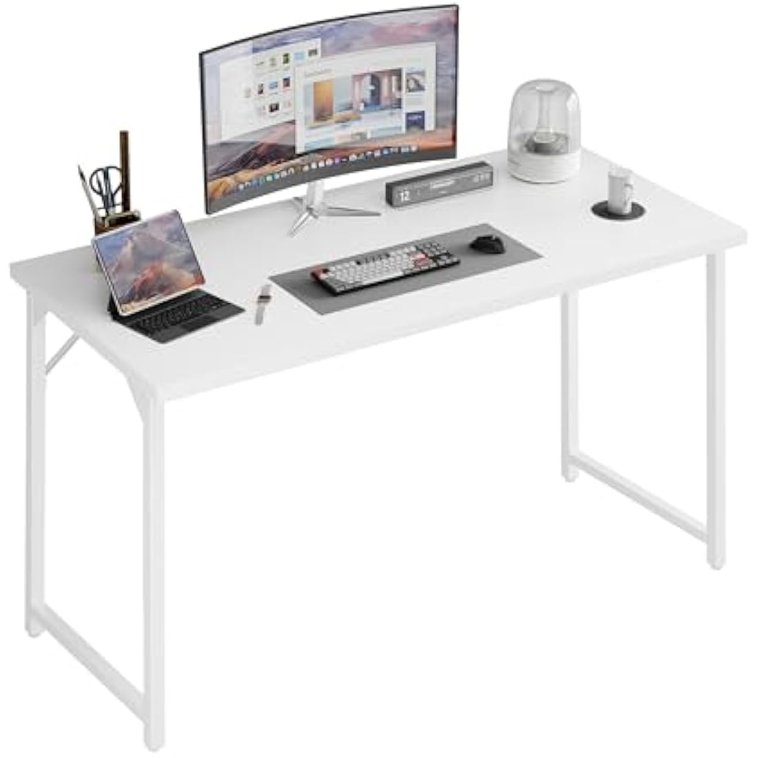 Grandder 100 cm Computer Desk, Small Home Office Desk Study Writing Kid Table, Simple PC Work Desk, Adjustable Feet, White