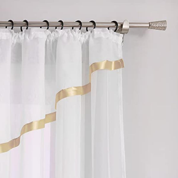 HongYa Kuvertstore Transparent Voile Curtain with Satin Ribbons Ruffle Tape Curtain H/W 120/300 cm Sand