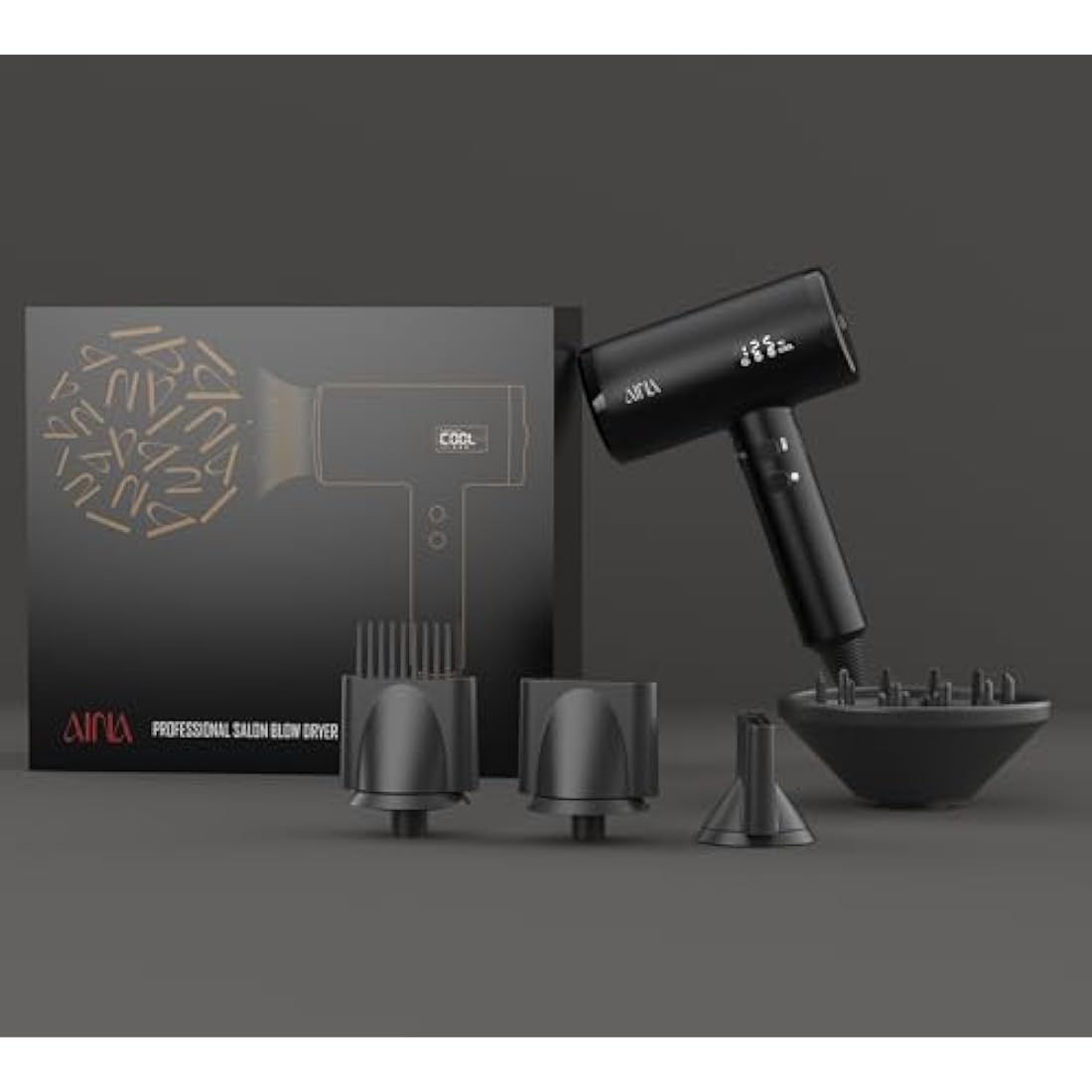 AINA Professional Salon Hair Dryer,2300W Blow Dryer with Diffuser Brush Comb for Women-BLDC Hair Dryer-Brushless Motor 150,000 RPM,Ionic,LED Display,4 Magnetic Attachments (Black)