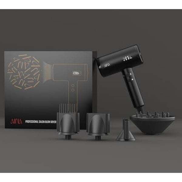 AINA Professional Salon Hair Dryer,2300W Blow Dryer with Diffuser Brush Comb for Women-BLDC Hair Dryer-Brushless Motor 150,000 RPM,Ionic,LED Display,4 Magnetic Attachments (Black)