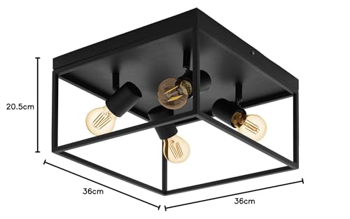 Eglo Silentina 4 Flush Ceiling Light, 4-Flame Industrial Design Living Room, Kitchen or Hallway Lamp, Black Steel Wall Lighting, E27 Socket