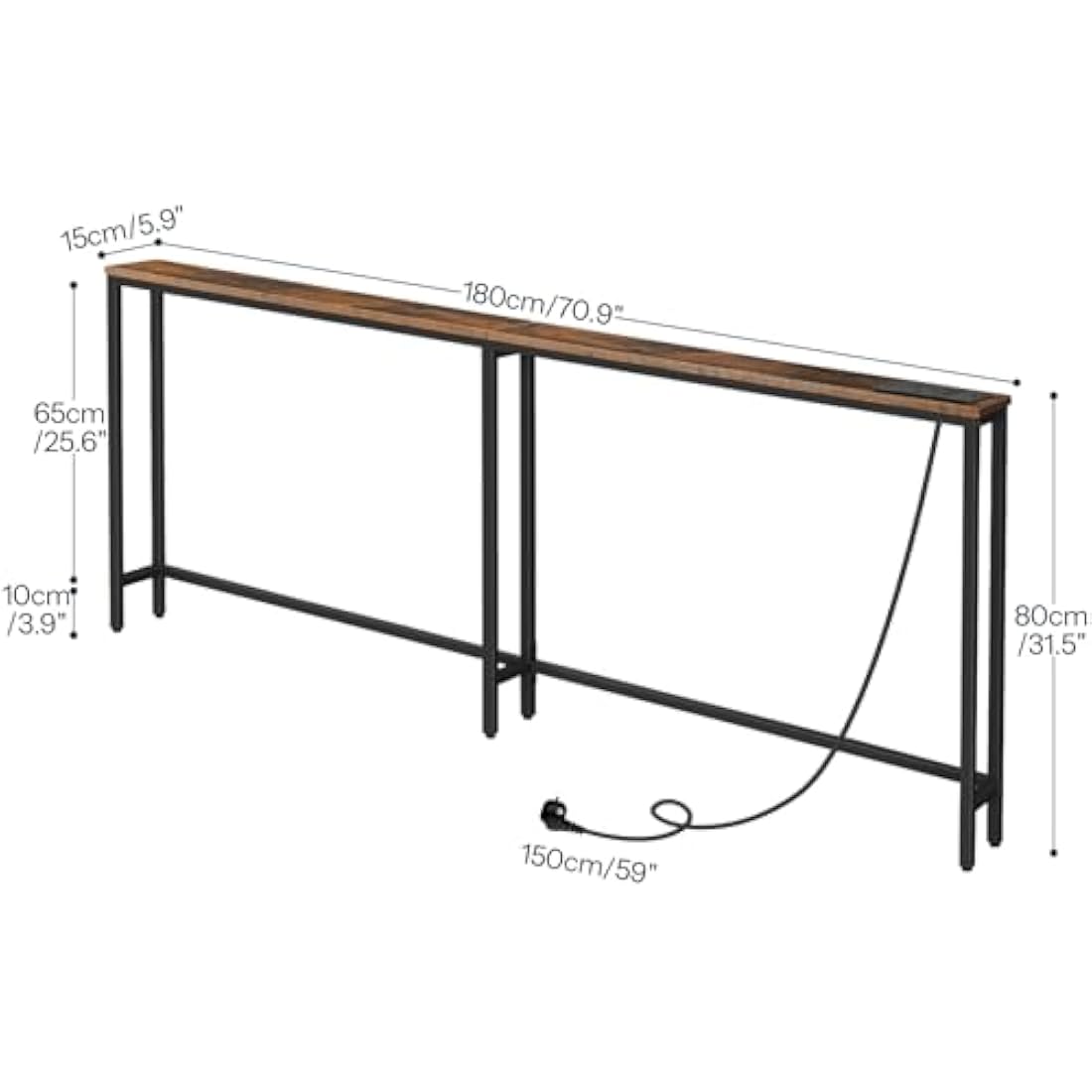 HOOBRO Slim Console Table with Charging Station, 180 cm Long Hallway Table with USB Ports, Behind Sofa Table Narrow for Hallway, Entryway, Foyer, Living Room, Rustic Brown and Black EBF185KXG01