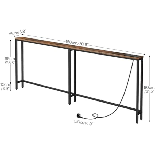 HOOBRO Slim Console Table with Charging Station, 180 cm Long Hallway Table with USB Ports, Behind Sofa Table Narrow for Hallway, Entryway, Foyer, Living Room, Rustic Brown and Black EBF185KXG01