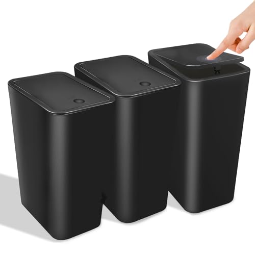 Kssvzz 3 Pack Small Bathroom Bin with Lid, 10L Plastic Touch Top Bedroom Bin, Slim Toilet Bin Anti-Odour, Square Waste Bin for Kitchen/Office, Fits Under Sink/Desk/Cabinet (Black)