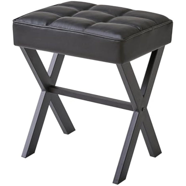 IBUYKE Square Makeup Stool with X-Leg Foot Rest, PU Footrest Stool, Ottoman Seat Vanity Stool, Multi-Use as Small Side Table, for Bedroom, Living Room, Black L/G-71B