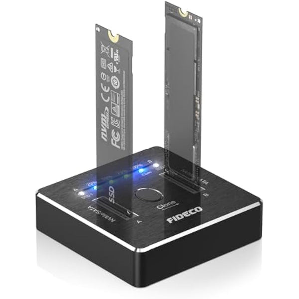FIDECO M.2 NVMe SATA SSD Cloner Dock, USB 3.2 Gen 2, 20Gbps Dual NVMe SATA SSD Dock, NVMe SSD Cloner, Support Offline Clone, UASP and TRIM, Aluminum Design