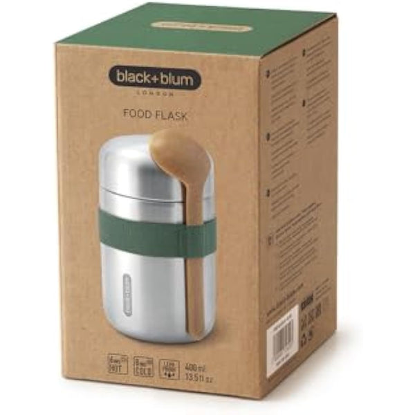 BLACK + BLUM - Food Flask - Vacuum Insulated 304 Stainless Steel Food Container with Leak Proof Lid, Nylon Strap and Natural Wood Fibre Spoon - Keeps Hot for 6 hrs, Cold for 8 hrs, Olive - 400ml