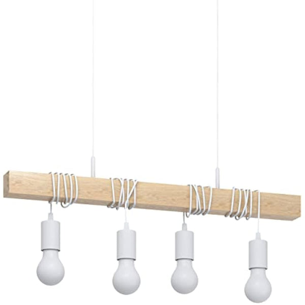 Eglo Townshend Pendant Lamp, 4 Bulbs Vintage Pendant Light in Industrial Design, Retro Hanging Lamp Made of Steel and Wood, Colour: White, Brown, Socket: E27