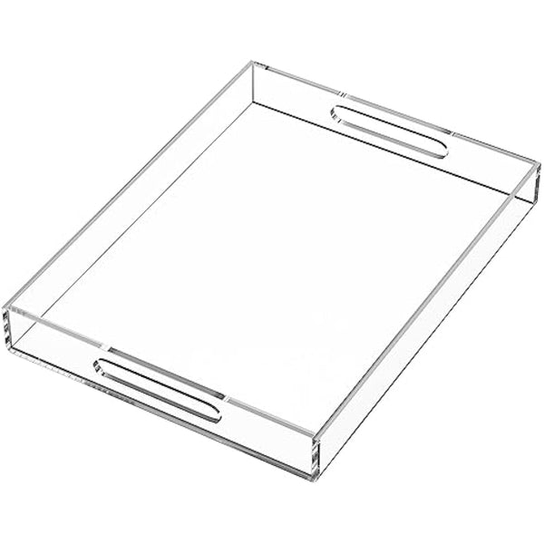 Clear Serving Tray 12x16 Inches/ 30x40 cm -Spill Proof- Acrylic Decorative Tray Organiser for Ottoman Coffee Table Countertop with Handles