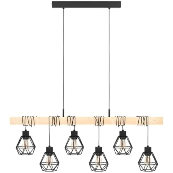 Eglo Pendant lighting Townshend 5, 6 light vintage hanging lamp in industrial design, retro ceiling light made of black metal and natural wood, FSC certified, E27