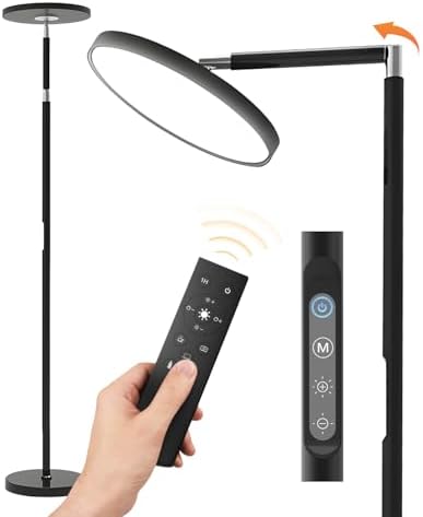 KALAHOL LED Uplighter Floor Lamp, Remote Touch Control & 1 Timer, Dimmable 112LEDs 5 Colour Temperatures 9 Brightness Levels 360° Rotatable Reading Standing Lamp for Living Room Study Office (Black)