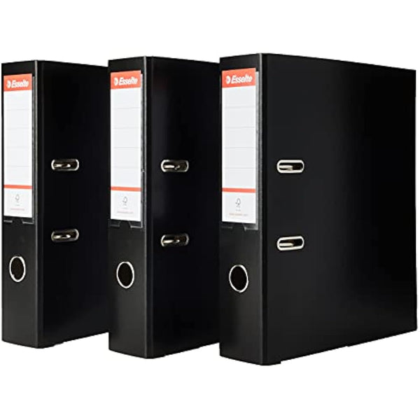 Esselte A4 Lever Arch File, 3-Pack, 550 Sheets Capacity, Durable PP Plastic Cover with Interchangeable Label Holder, Metal Reinforcements, Ring Binder, Office File Organiser, Black (624294)