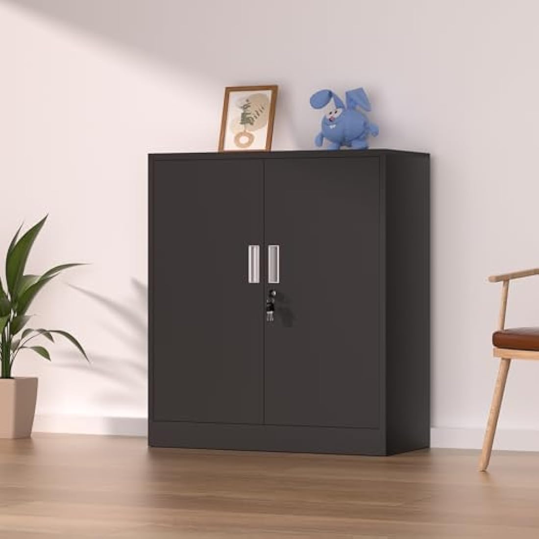 iJINGUR Metal Storage Cupboard with Locking Doors and 2 Adjustable Shelves, Small Lockable Storage Cabinet for Home Office Garage (Black)