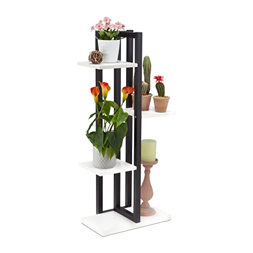 Relaxdays Metal Flower Stand, 4-Tier Indoor Pot Shelf Ladder, Wooden Look, HxWxD: 93 x 42.5 x 22.5 cm, Plant Rack, White, Steel