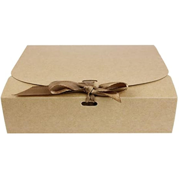 Emartbuy Pack of 12 Rectangle Shaped Presentation Gift Box, 24 cm x 19.5 cm x 7 cm, Easy Assembly, Brown Kraft Box with Bow Ribbon