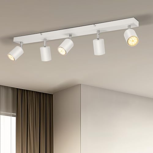 Gr4tec Ceiling Spotlights 5 Way, Modern LED Ceiling Lights Fitting White, Kitchen Spot Lights Including 5 X 6W GU10 Bulbs Warm White 2700K 550lm, Adjustable Spot Lights Bar for Bedroom Living Room