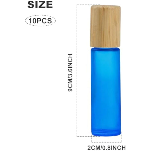 Frosted Essential Oils Roller Bottles, 10pcs Refillable Empty Glass Bottles with Stainless Steel Balls and Bamboo Lid (Blue)