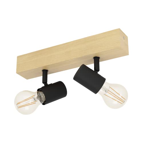 Eglo Townshend 3 Ceiling Light, 2-Flame Vintage Wall Spotlight with an Industrial/Retro Design Made of Steel and Wood, Black and Brown Colours, E27