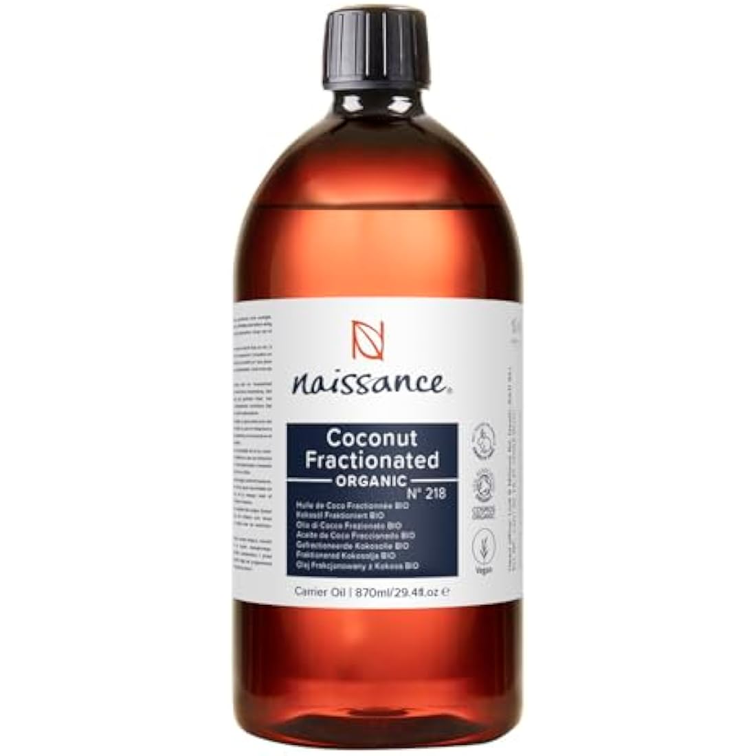 Naissance Organic Liquid Fractionated Coconut Oil (No. 218) - 870ml - for Skin, Hair, Lip Gloss, Beauty Recipes, Massage, Cuticles - MCT Oil