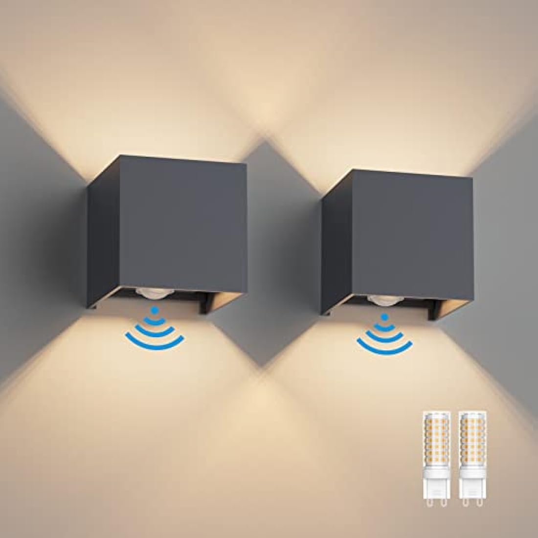 Klighten 2PCS Outdoor Wall Light with Motion Sensor, Waterproof IP54 Outside Wall Lamps with Sensor, Adjustable Beam Angle, Warm White 3000K, Antracita (G9 LED Bulb Include)