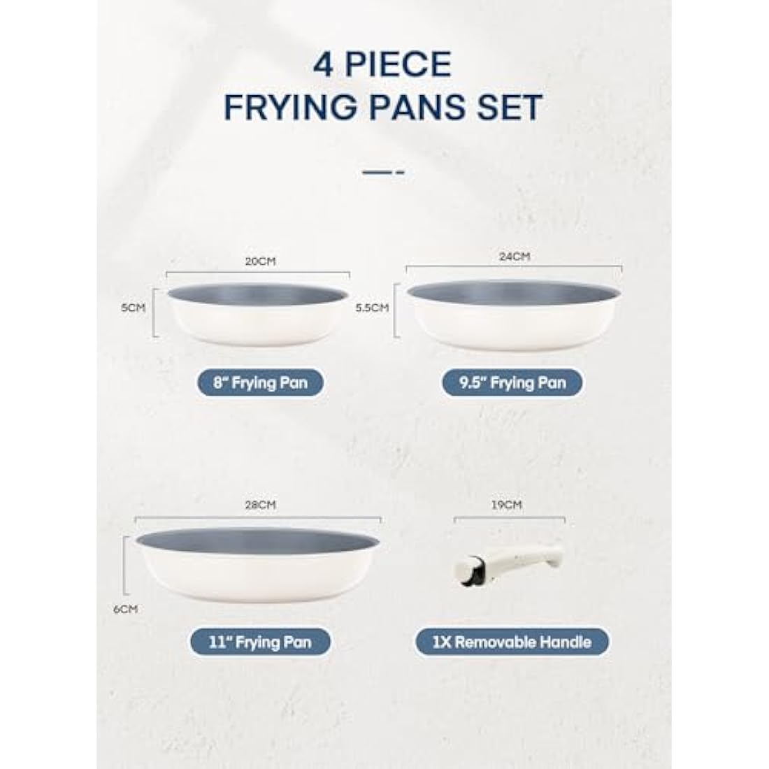 FOHERE Nonstick Frying Pan Set with Detachable Handle, 3PCS 20 24 28 CM CM Non Toxic Diamond Ceramic Pan, Oven Safe Skillets and Frying Pans, Compatible with All Stoves(Induction), Grey