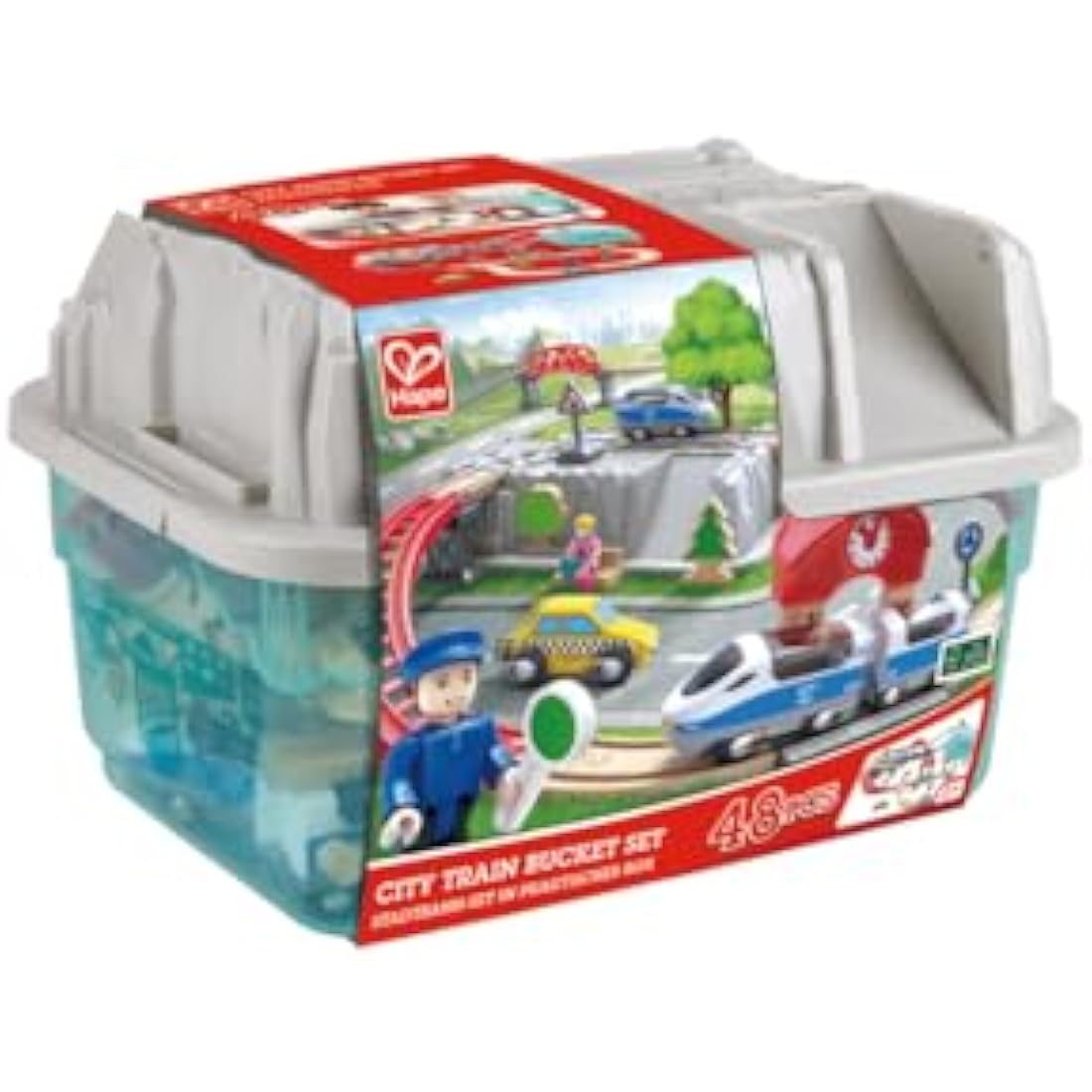 Hape City Railway and Train Bucket Set Toy with storage box that forms part of the scene, Ages 3 and up