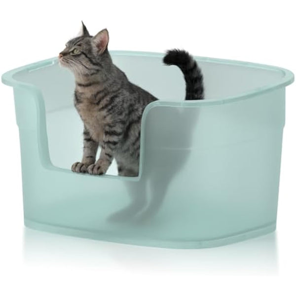 Extra Large Cat Litter Tray, 63cm x 45cm x 33cm Deep, Easy Cleaning, Lowered Entry, Anti-Spillage, Transparent Green