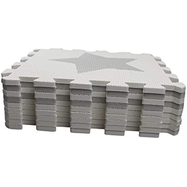 9 Grey Interlocking Foam Baby Play Mat Star Tiles with Edges - Play Mats. Each tile 30 x 30cms. Total 0.9m2.