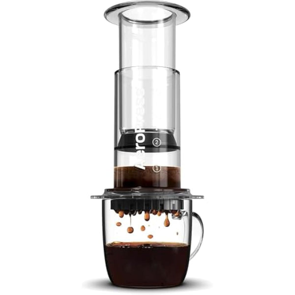 AeroPress Clear Coffee Press – 3 in 1 brew method combines French Press, Pourover, Espresso - Full bodied coffee without grit or bitterness - Small portable coffee maker for camping & travel
