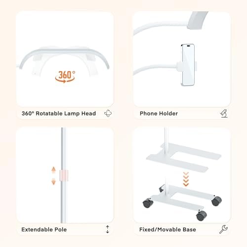 Lmaqfum Lash Light for Eyelash Extensions, 2 in 1 Half Moon Lamp with Phone Holder & 50cm Swing Arm, 7 Colours & Stepless Dimming, Esthetician Light with Wheel Stand for Eyelash Extension, White