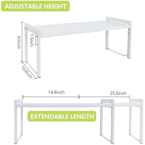 Goodsnetic Expandable Cabinet Shelf 13.8~26"(L), Stackable Kitchen Counter Organizer, 33LBS Heavy Duty Riser, Countertop Storage Pantry ， Durable Metal Sink Shelf (White L)