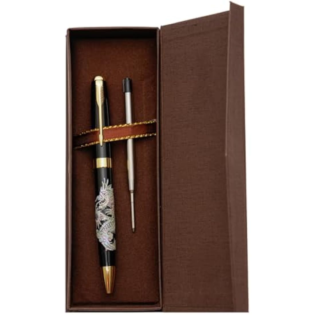 February Mountain Mother of Pearl Ballpoint Pen, Retractable Ballpoint Pens, for Gift, Business, Office, 1.0mm Medium Point Black Ink, Extras Replaceable Metal Refills (Dragon)