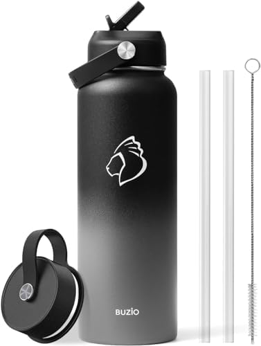 Stainless Steel Water Bottle 2L, BUZIO Vacuum Insulated Water Bottle with Straw Lid and Flex Cap Cold for 48 Hrs, Hot for 24 Hrs Double Wall Wide Mouth BPA Free Leak Proof, Black