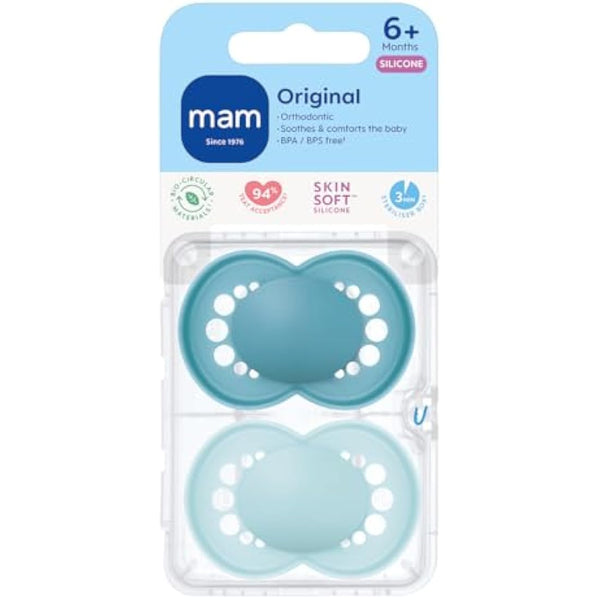 MAM Original Soothers | 6 Plus Months | 2 Pack | Comes in Dummy Steriliser Case | Orthodontic Design | Sustainable Materials | Baby Accessories | Blue (Various Designs)