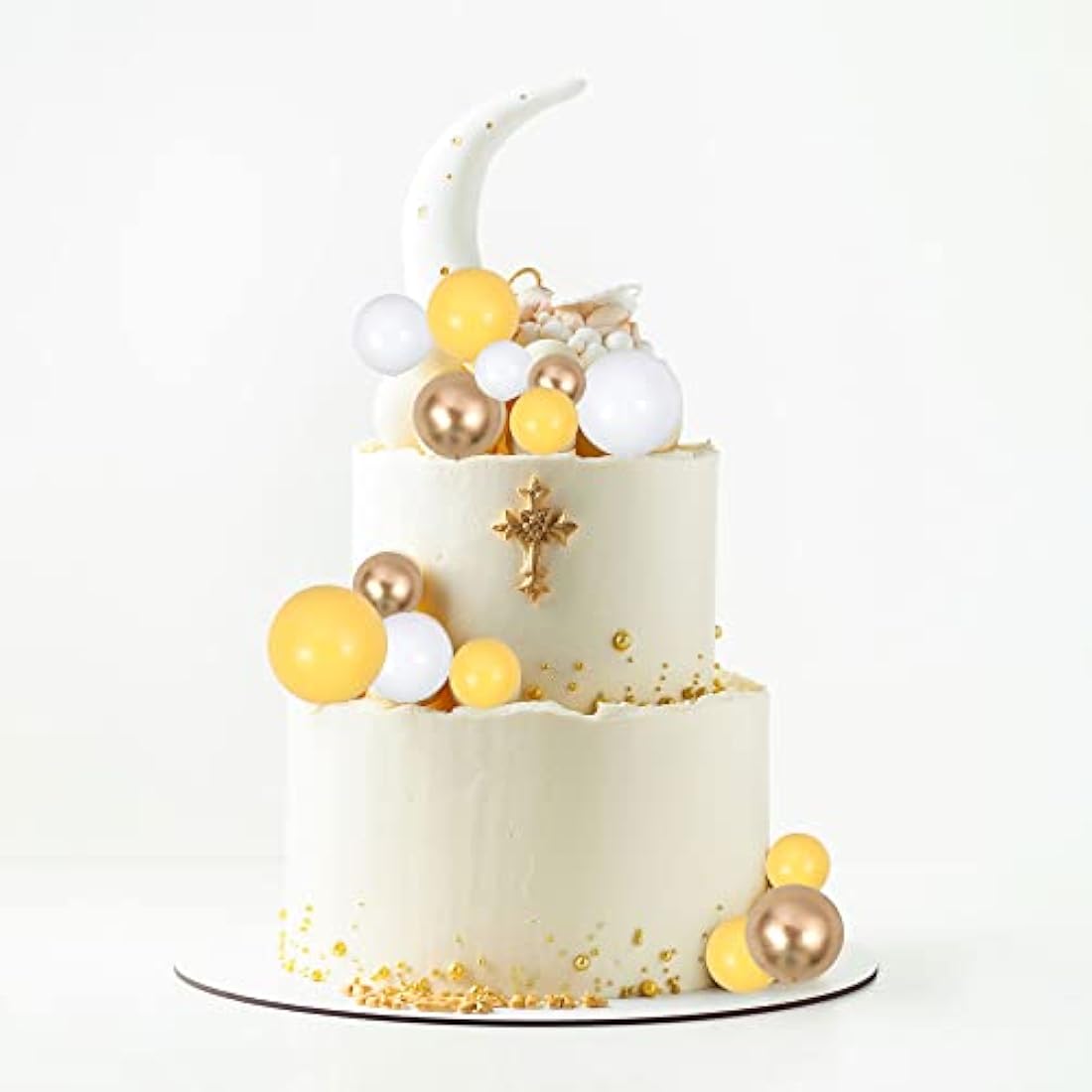 Gyufise 30Pcs Balls Cake Topper Mini Balloons Cupcake Topper DIY Cake Insert Topper Foam Cake Balls Baking Decoration for Wedding Anniversary Valentines Day Birthday Party Yellow Gold White