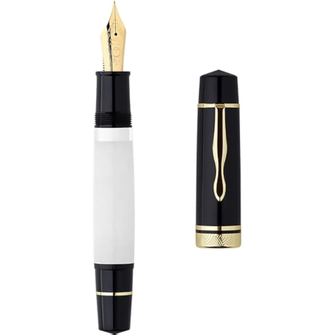 erofa Majohn P139 Fine Nib Resin Fountain Pen, Brass Piston System Large Capacity Writing Pen with Box, Black White