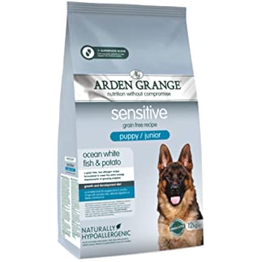 Arden Grange Sensitive Puppy/Junior Dry Dog Food Grain Free Ocean White Fish and Potato, 12 kg