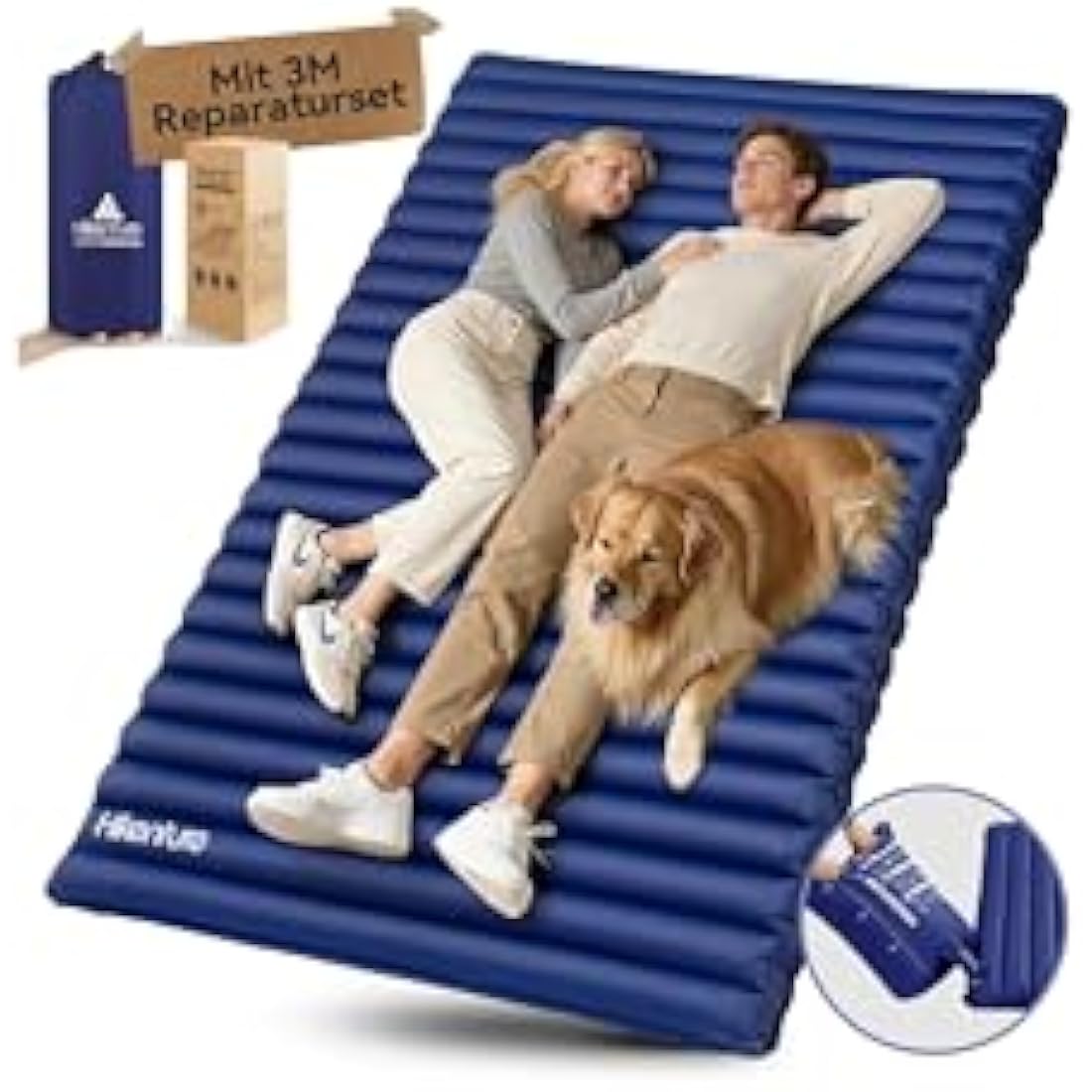 HIKENTURE Double Double Ultralight Double Insulating Mattress, 2 Person Inflatable Small Space Saver with Foot Pump/Pump Bag, for Travel, Outdoor, Hiking, Beach, Navy Blue
