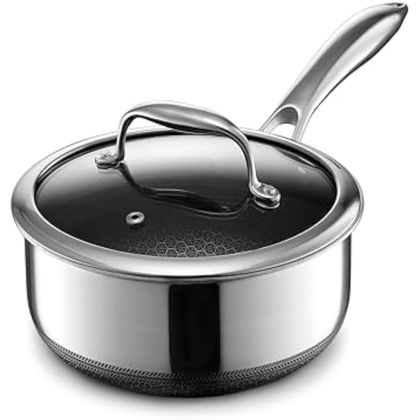 HexClad Hybrid Nonstick 2-Litre Saucepan with Tempered Glass Lid, Stay-Cool Handle, Dishwasher-Friendly, Oven-Safe Up to 480°C, Induction Ready, Compatible with All Cooktops