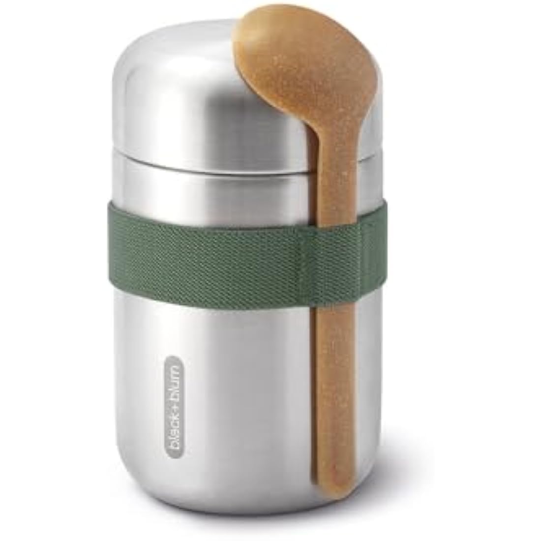 BLACK + BLUM - Food Flask - Vacuum Insulated 304 Stainless Steel Food Container with Leak Proof Lid, Nylon Strap and Natural Wood Fibre Spoon - Keeps Hot for 6 hrs, Cold for 8 hrs, Olive - 400ml