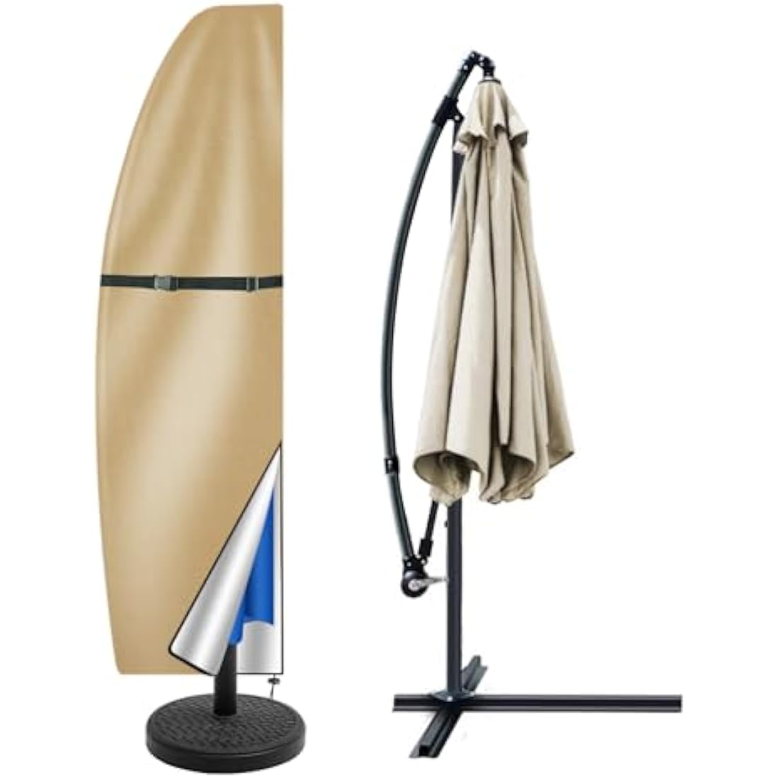Teynewer Parasol Cover Waterproof, Cantilever Parasol Protective Cover with Telescopic Pole and Zipper Fit for 1 to 3 m Large Umbrella Patio Parasol Weatherproof UV-Anti Windproof, Khaki