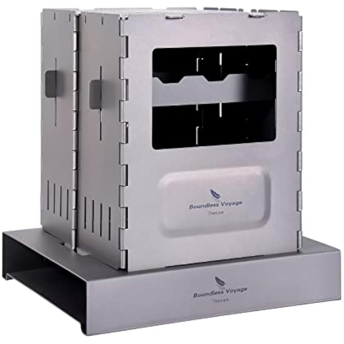 iBasingo Camping Titanium Wood Stove with Rack Folding Burner Outdoor Alcohol Heater Portable Backpacking Card Type Integrated Charcoal Furnace with Pot Bracket Lightweight Grill Cookware Ti2010C