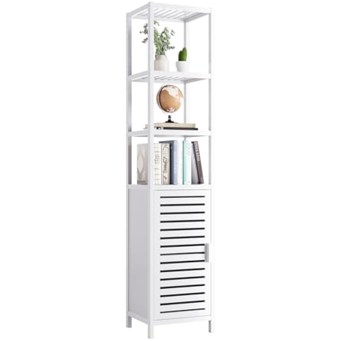 HITNET Bathroom Storage Cabinet, Bamboo Tall Narrow Linen Floor Standing Tower Organizer with Shutter Door and 4 Open Shelves for Kitchen, Living Room, Bedroom, White
