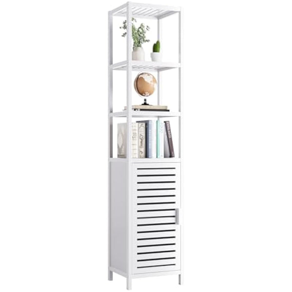 HITNET Bathroom Storage Cabinet, Bamboo Tall Narrow Linen Floor Standing Tower Organizer with Shutter Door and 4 Open Shelves for Kitchen, Living Room, Bedroom, White
