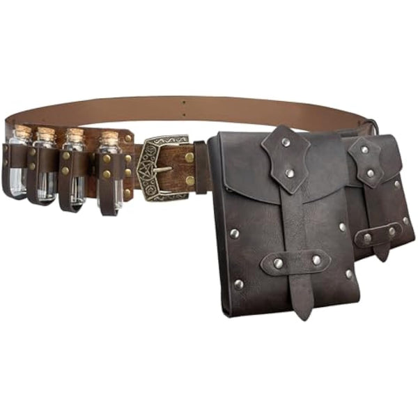 EpicCos 4 PCs Medieval Alchemy Belt Waist Pack Combo with Multiple Potion Bottles, Viking Rivet Belt Side Pouch for Cosplay (Brown B)