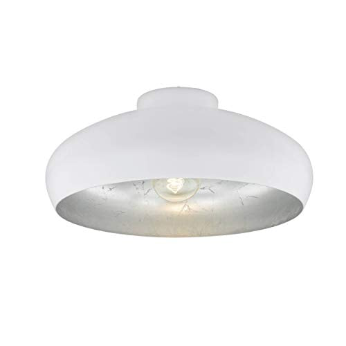 Eglo Mogano Vintage Flush Ceiling Light, Industrial Design White and Silver Steel Ceiling Lamp, Living Room, Kitchen, Hallway Lighting, E27 Socket