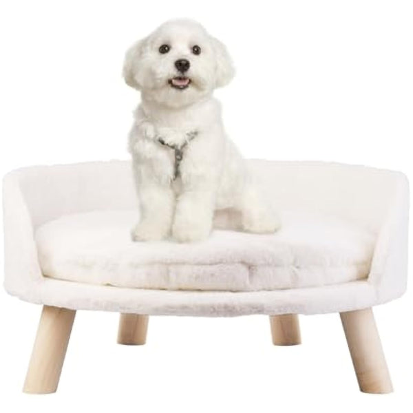 BingoPaw Cat Sofa Chair Bed: Elevated Nordic Pet Stool Bed with Removable Waterproof Mat - Raised Plush Fur Dog Kitten Couch with Wooden Legs Frame (Dia 60cm)